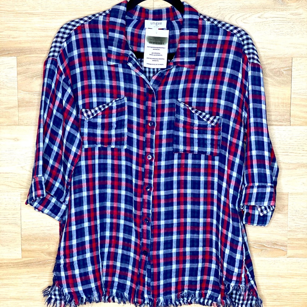 Umgee Small Plaid Blue/Red Button Shirt